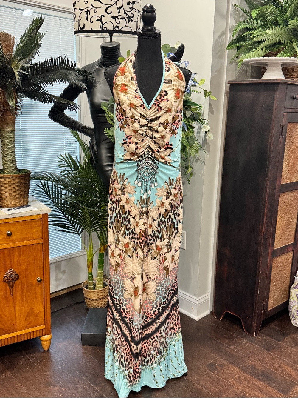 Halter Maxi Dress with Floral & Animal Print - Aqua